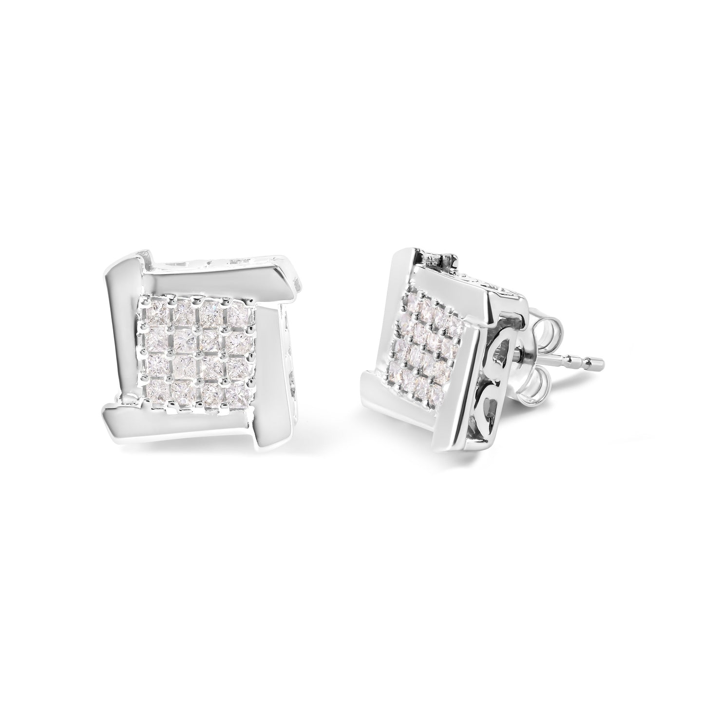 10K White Gold 1/2 Cttw Composite Princess Diamond Square and Swirl Stud Earrings (I-J Color, I1-I2 Clarity)
