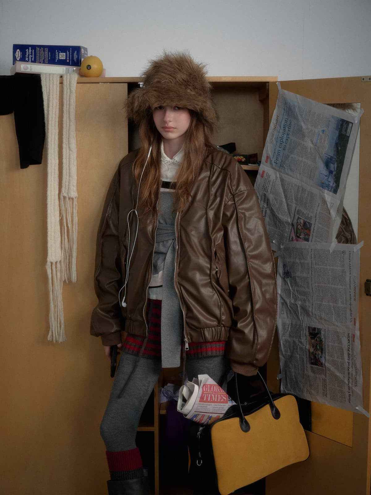 Retro Brown Faux Leather Zip-Up Bomber Jacket