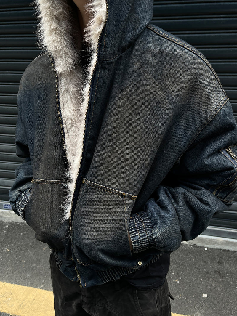 Washed Denim Fur | Hooded Jacket - Luxuryurbanwear