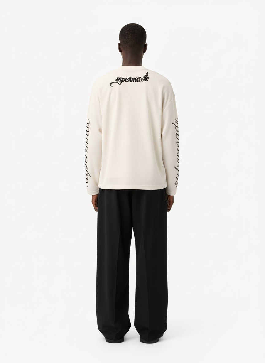 Retro Letter Print Waffle Simplicity Long-Sleeved T-Shirt - Luxuryurbanwear