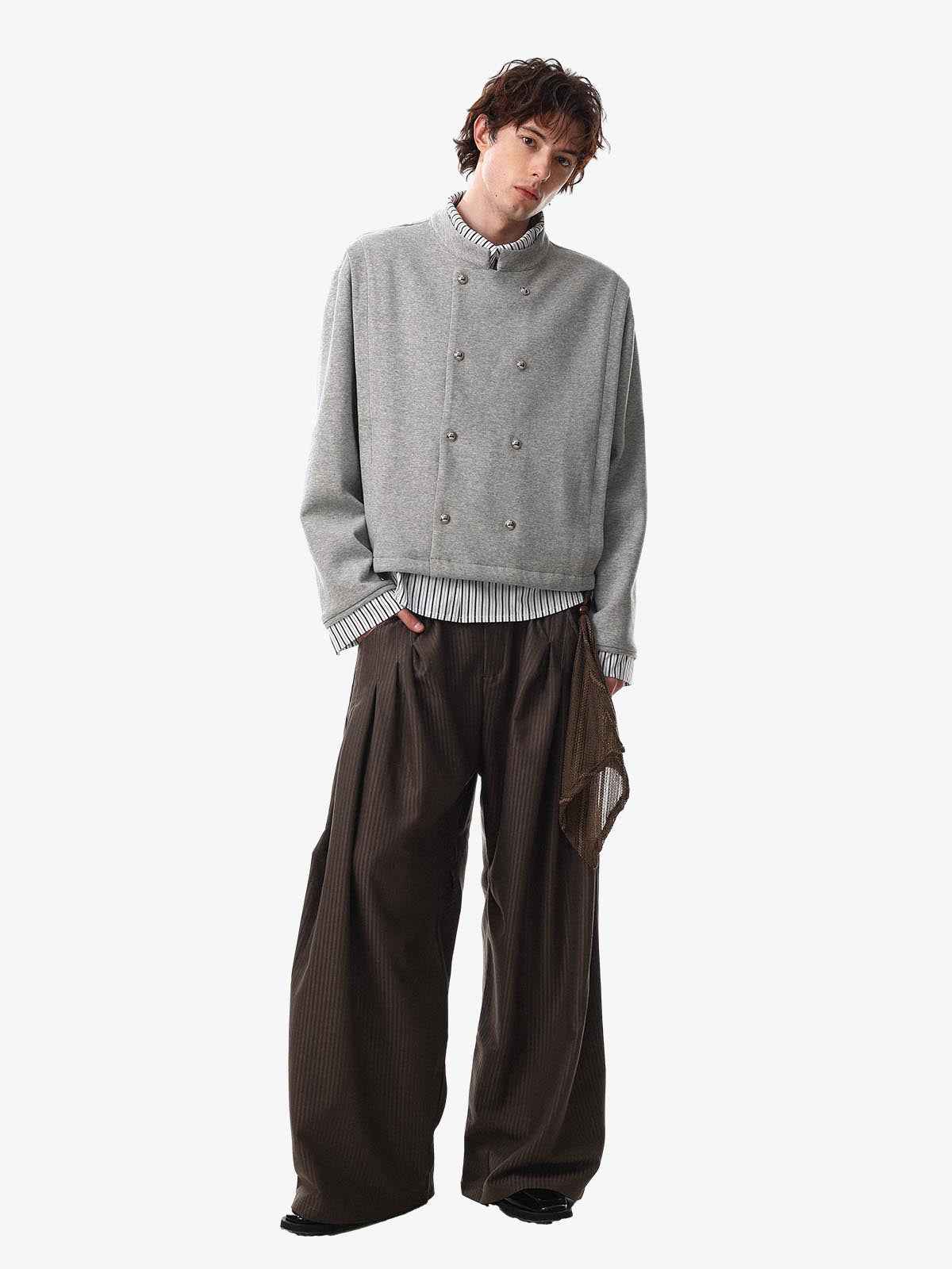 Button Detail Striped Panel Faux Layered Jacket