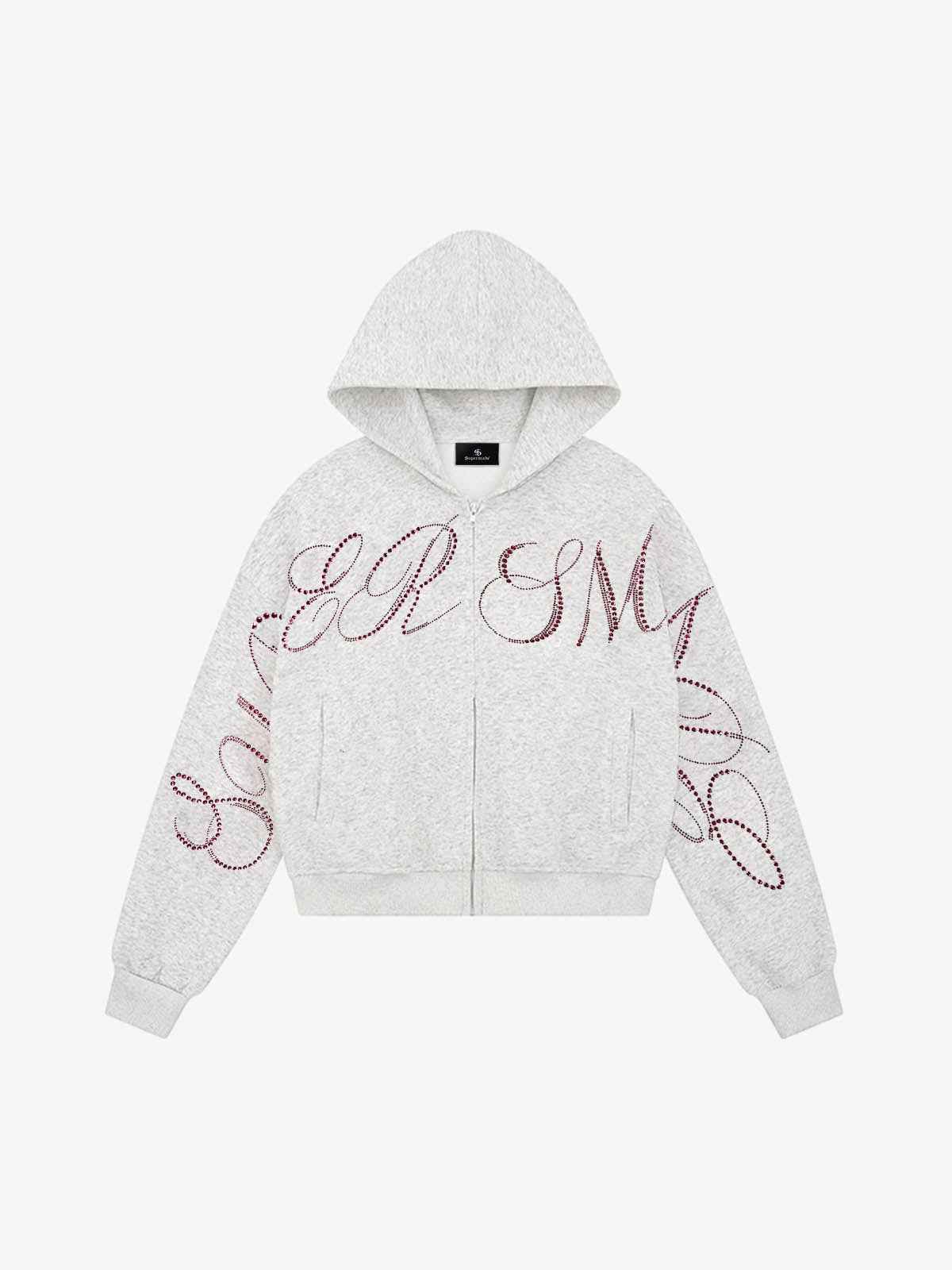 Street Hip-Hop Rhinestone Cropped Zip Up Hoodie