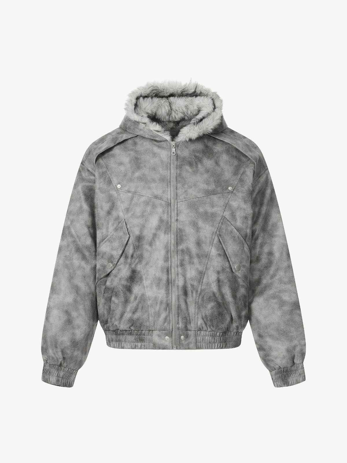 Faux Suede Vintage Wash Fur Hood Padded Jacket - 2553