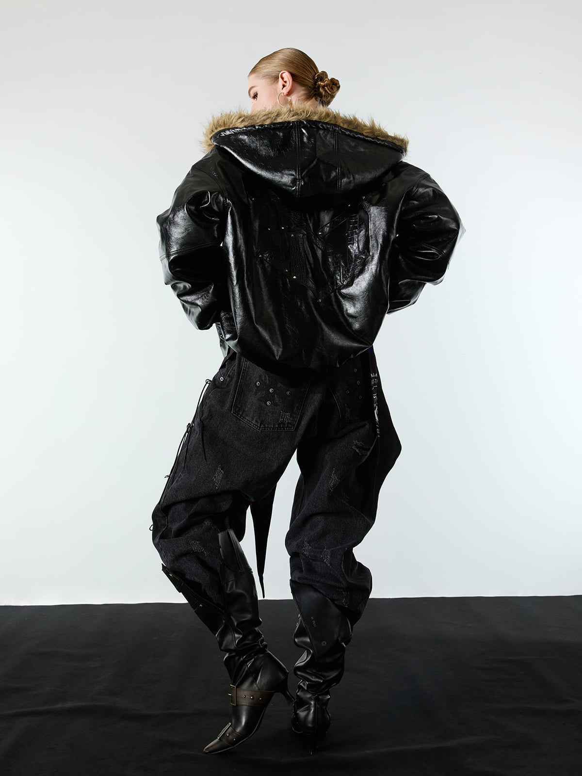 Multi-Zip Fur Hooded Leather Jacket