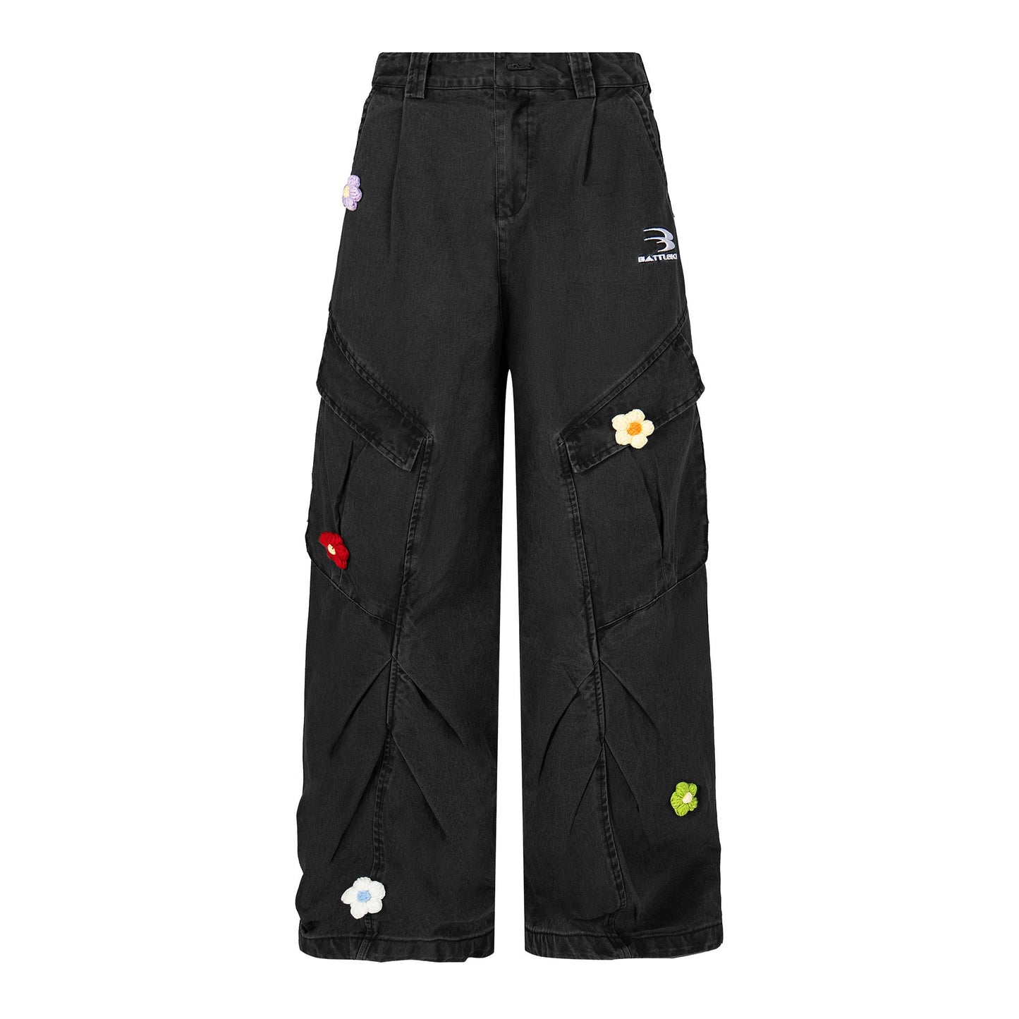 3D Floral Embroidered Washed Cargos - Heavyweight Tactical Flower Detail Pants | LuxuryUrbanwear - Luxuryurbanwear