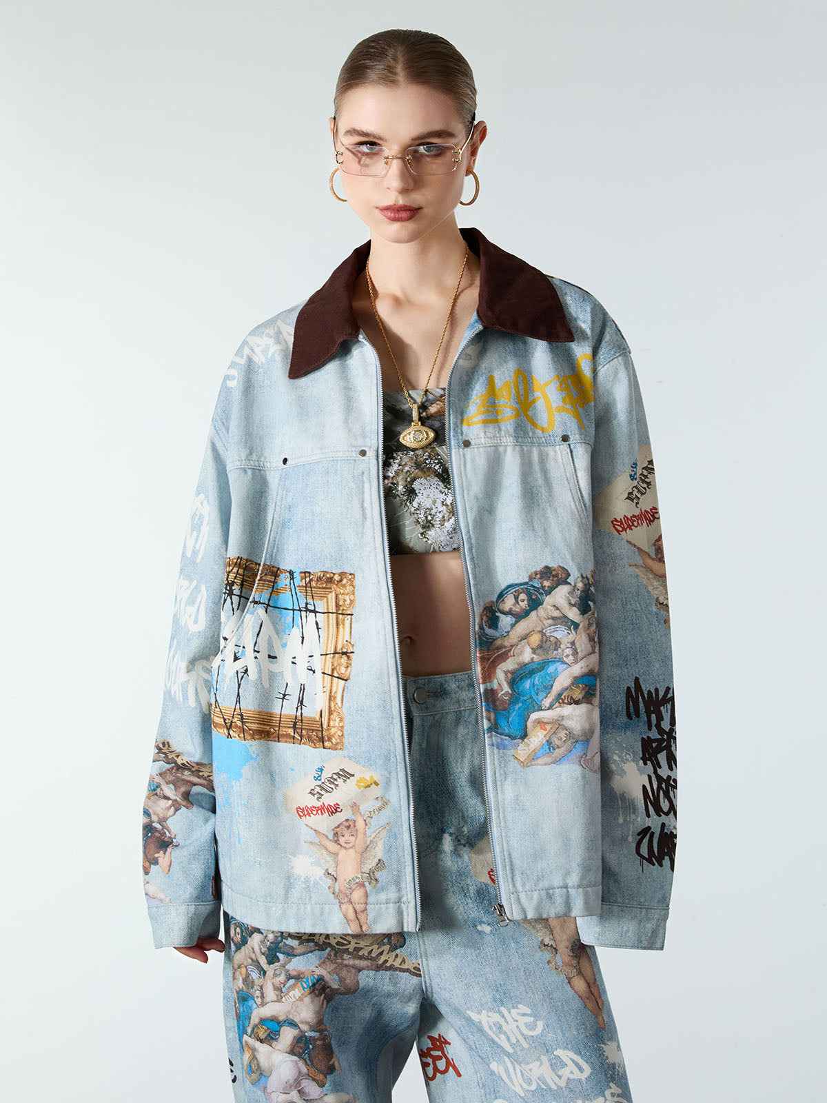 Artistic Patches Graphic Distressed Denim Jacket - 2573