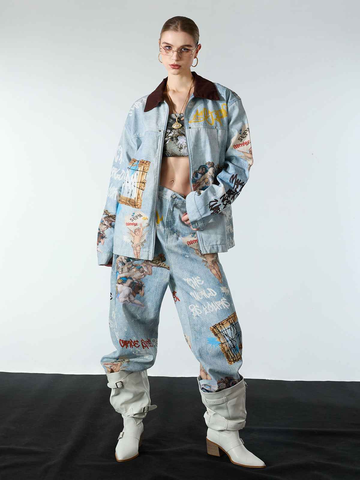 Artistic Patches Graphic Distressed Denim Jacket - 2573
