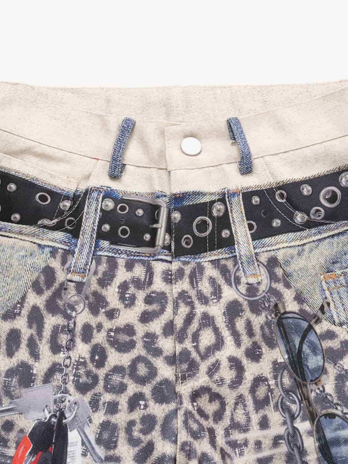 Vintage Leopard 3D Print Double Waistband Washed Jeans