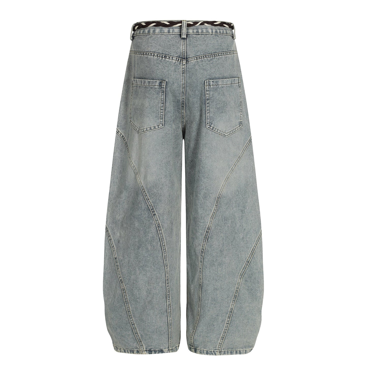 Denim Retro Belt Detail | Patchwork Barrel Jeans - Luxuryurbanwear
