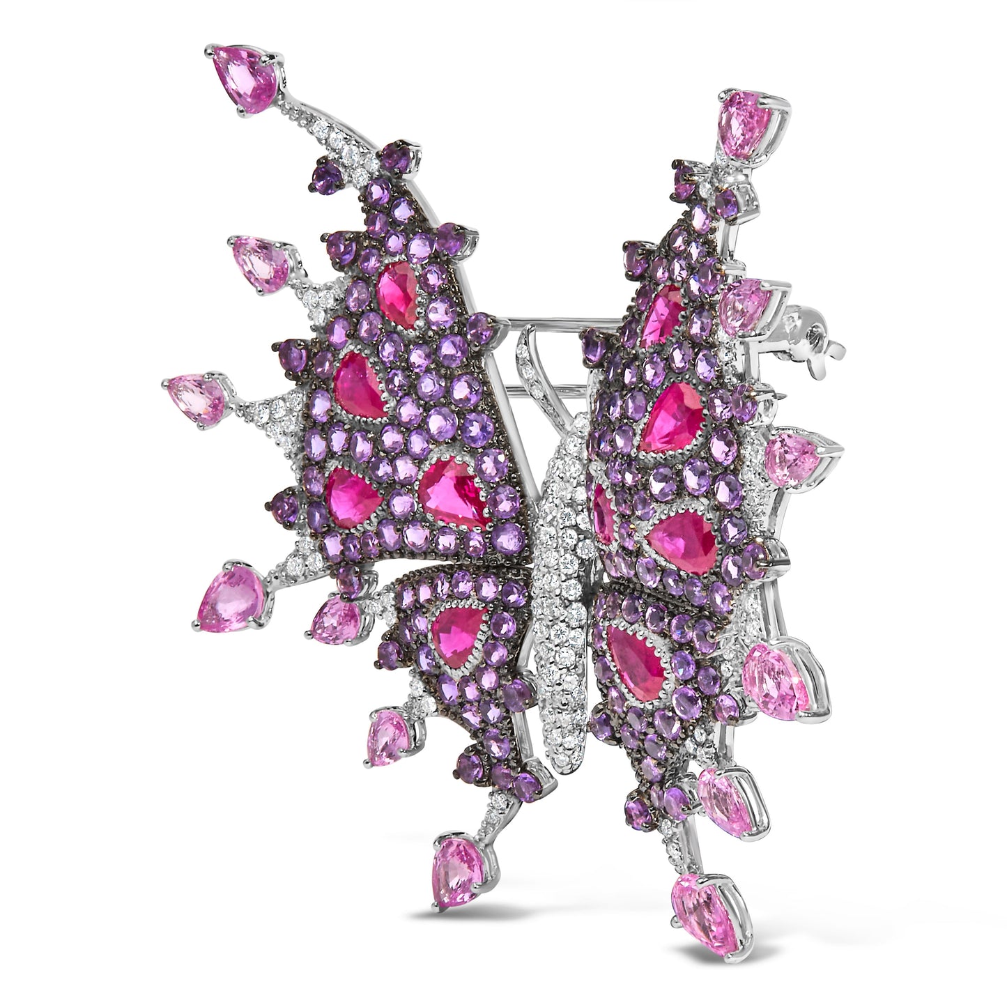 18K White Gold 1.00 Cttw Diamond, Ruby Sapphire, and Amethyst Mixed Gemstone Butterfly Brooch Pin (G-H Color, VS1-VS2 Clarity)