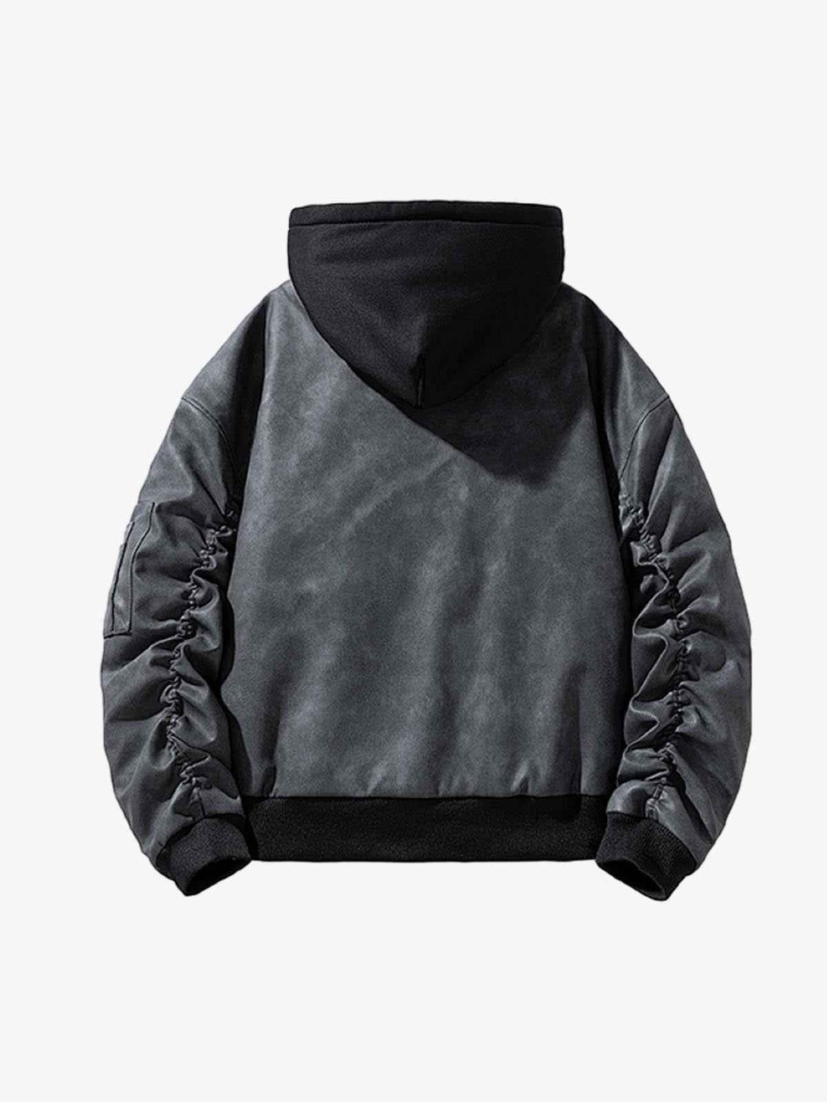 Retro Leather Faux Two-Piece Hooded Padded Bomber Jacket