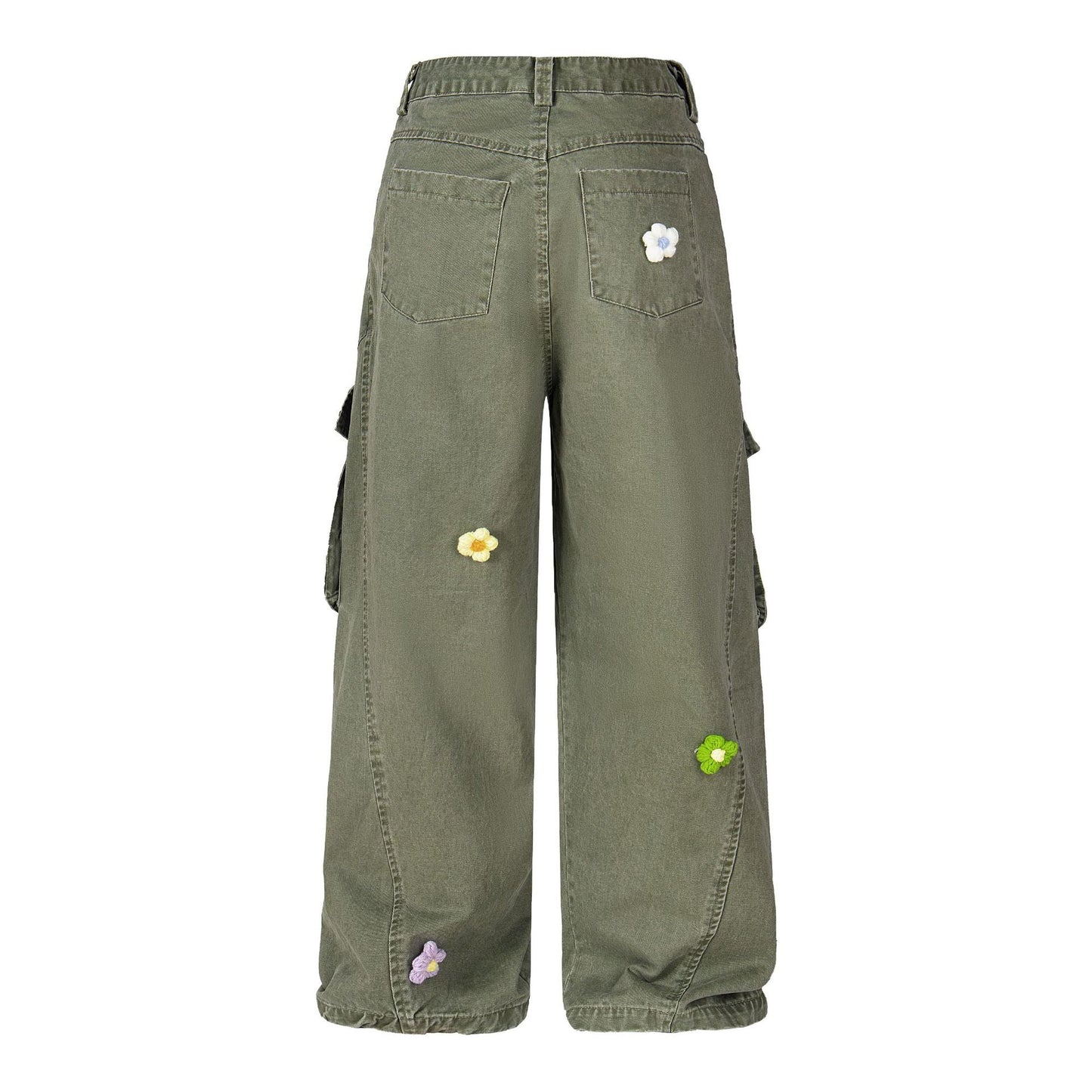 3D Floral Embroidered Washed Cargos - Heavyweight Tactical Flower Detail Pants | LuxuryUrbanwear - Luxuryurbanwear