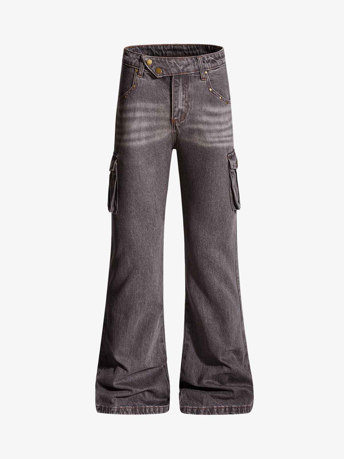 Retro Faded Multi-Pocket Flared Cargo Jeans