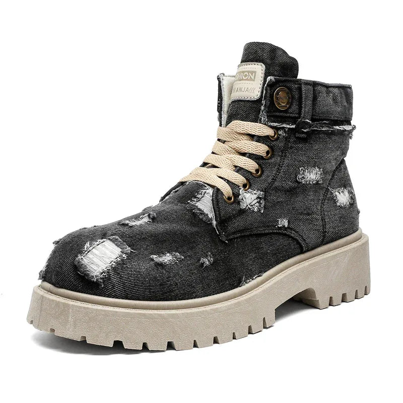 LUW Distressed Denim Combat Boots - Luxuryurbanwear