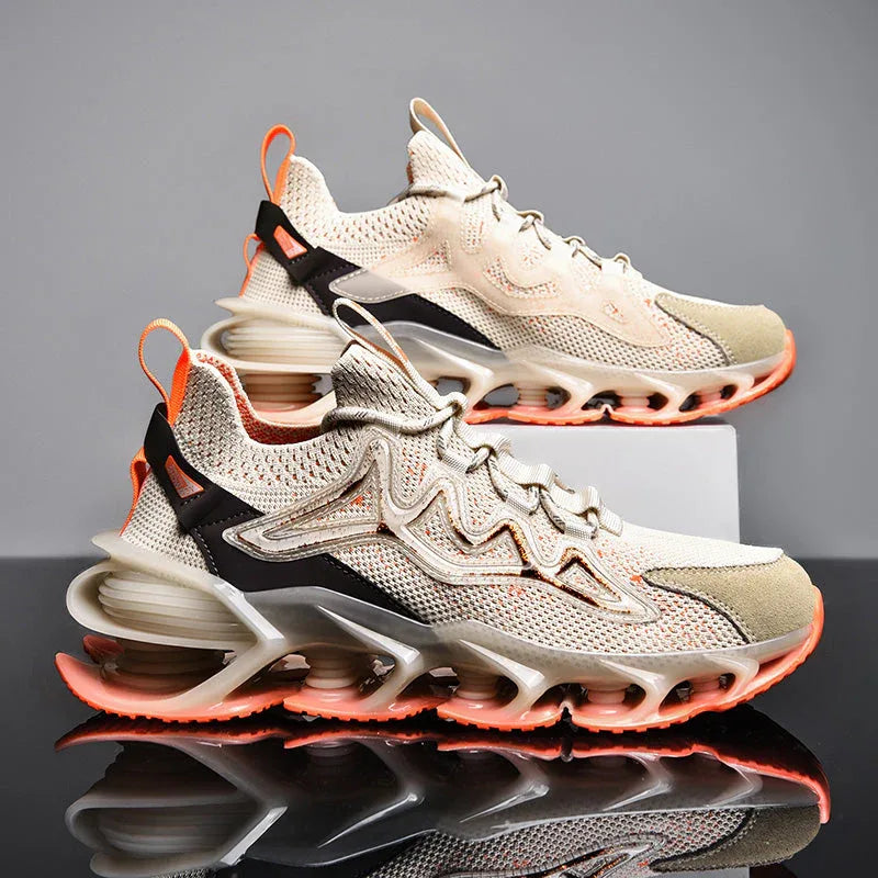 Nova Sole T84 Sneakers - LUXURYURBANWEAR in beige with orange sole, displayed side-by-side to show detailed mesh and sole design.