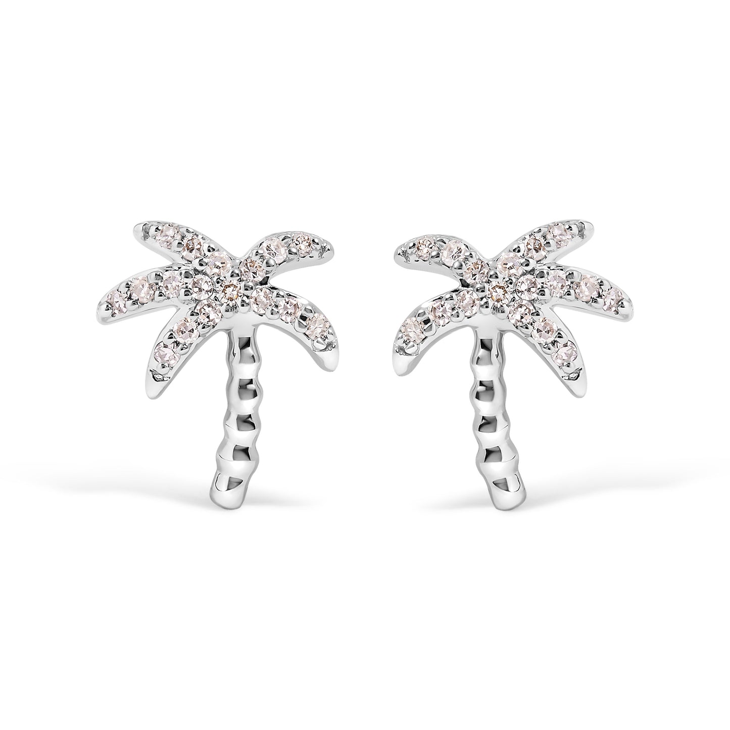 10K White Gold 1/10 Cttw Diamond Encrusted Palm Tree Stud Earrings (H-I Color, I1-I2 Clarity)
