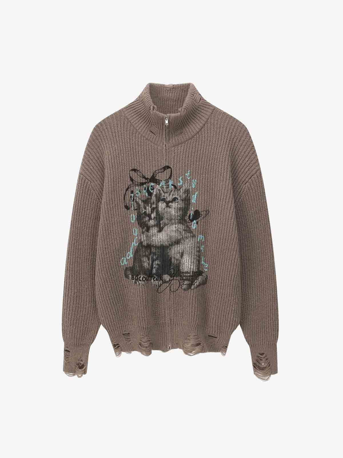Retro Distressed Cat Print Ribbed Zip-Up High-Neck Sweater - Luxuryurbanwear