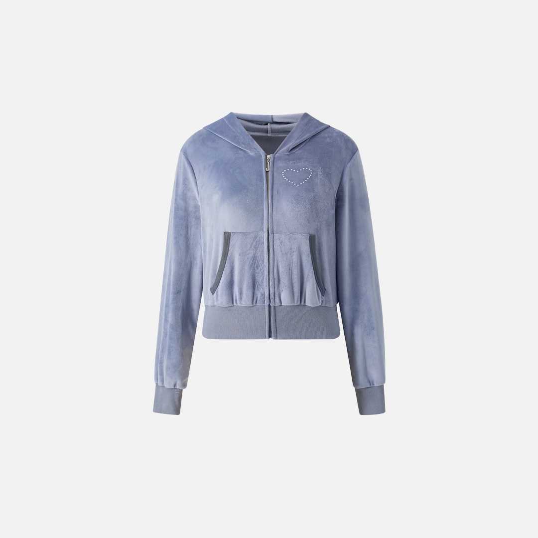 Rhinestone Heart Decor Zip Up Sweatshirt - Luxuryurbanwear