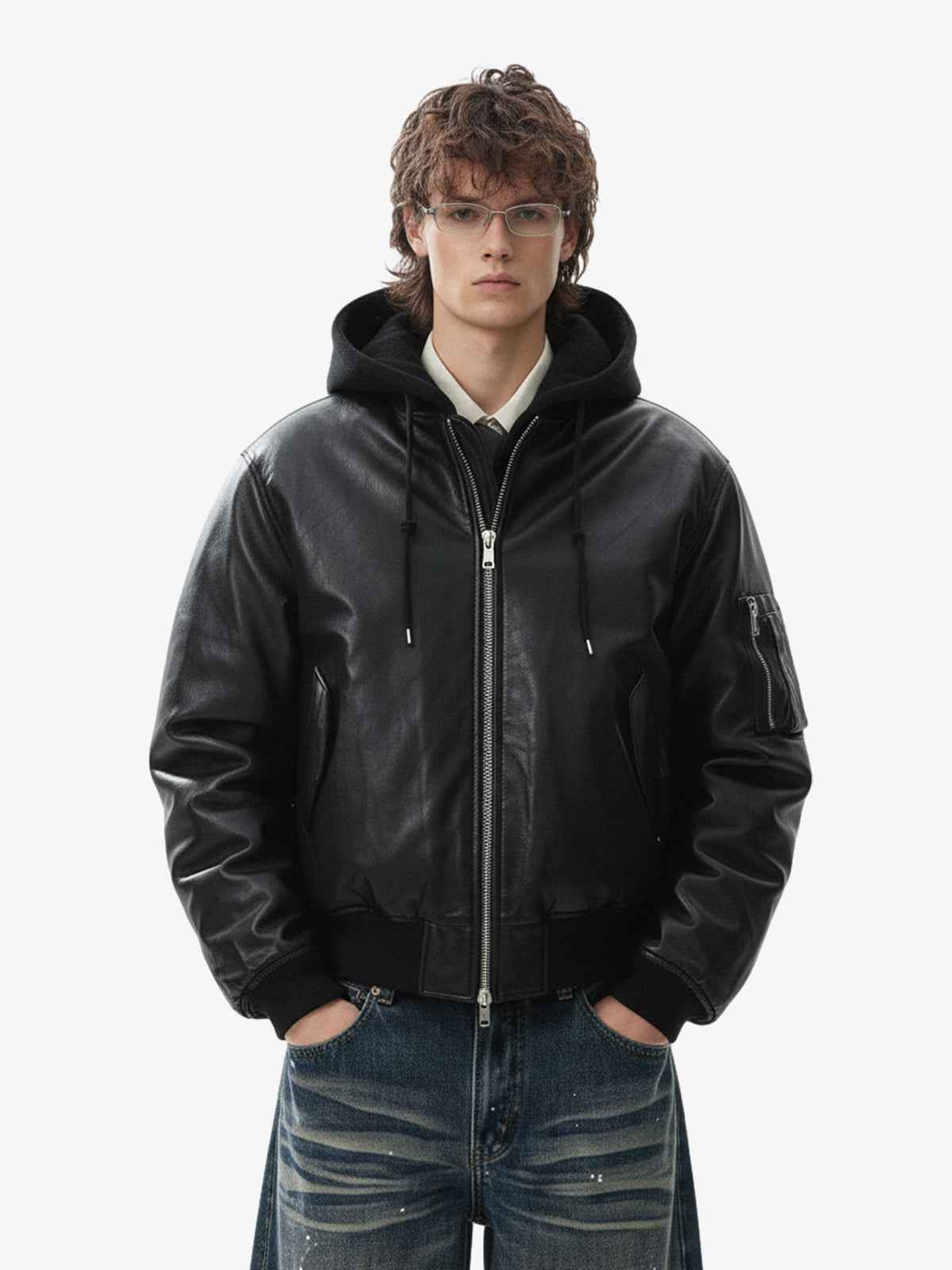Retro Leather Faux Two-Piece Hooded Padded Bomber Jacket