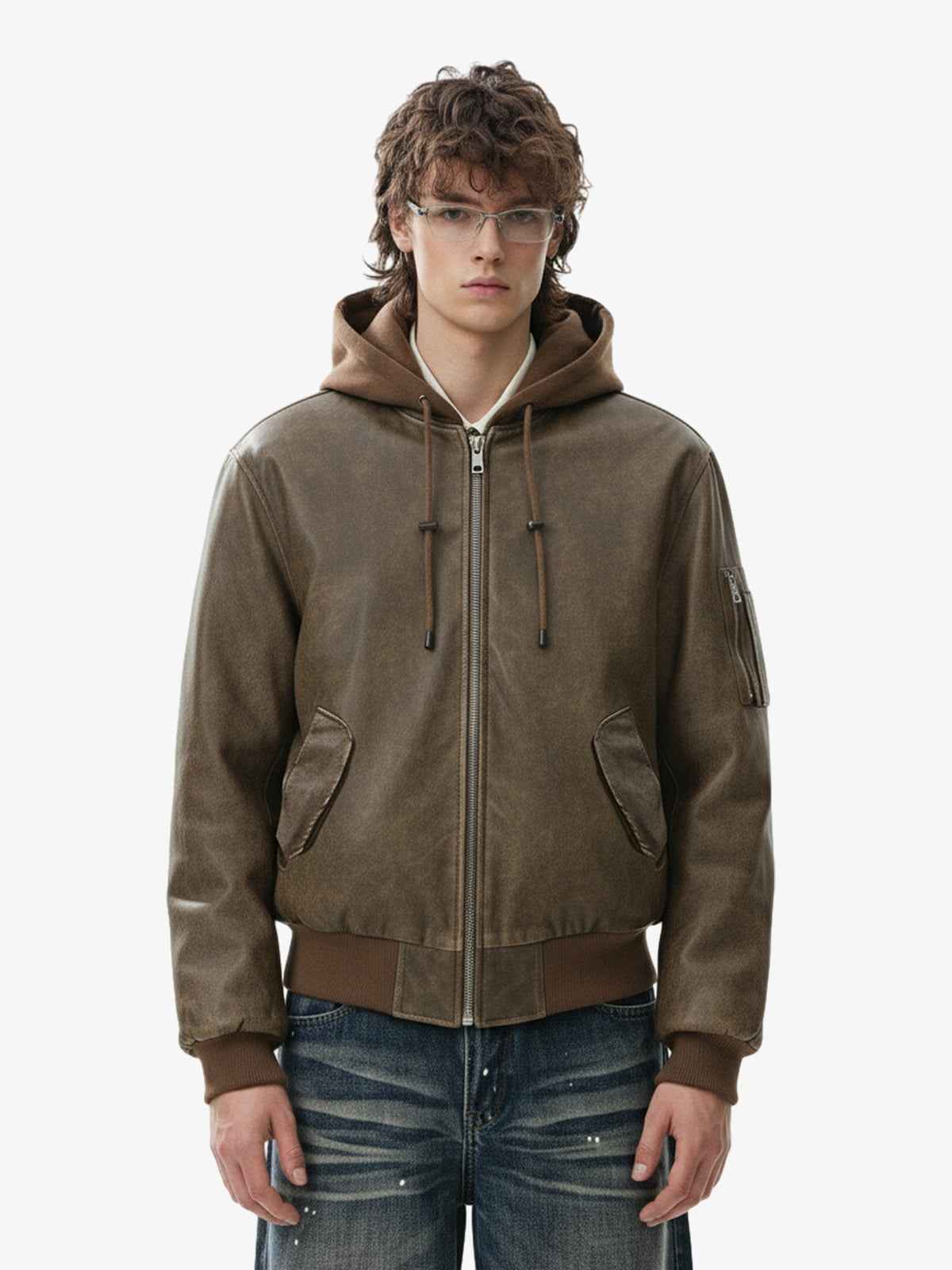 Retro Leather Faux Two-Piece Hooded Padded Bomber Jacket