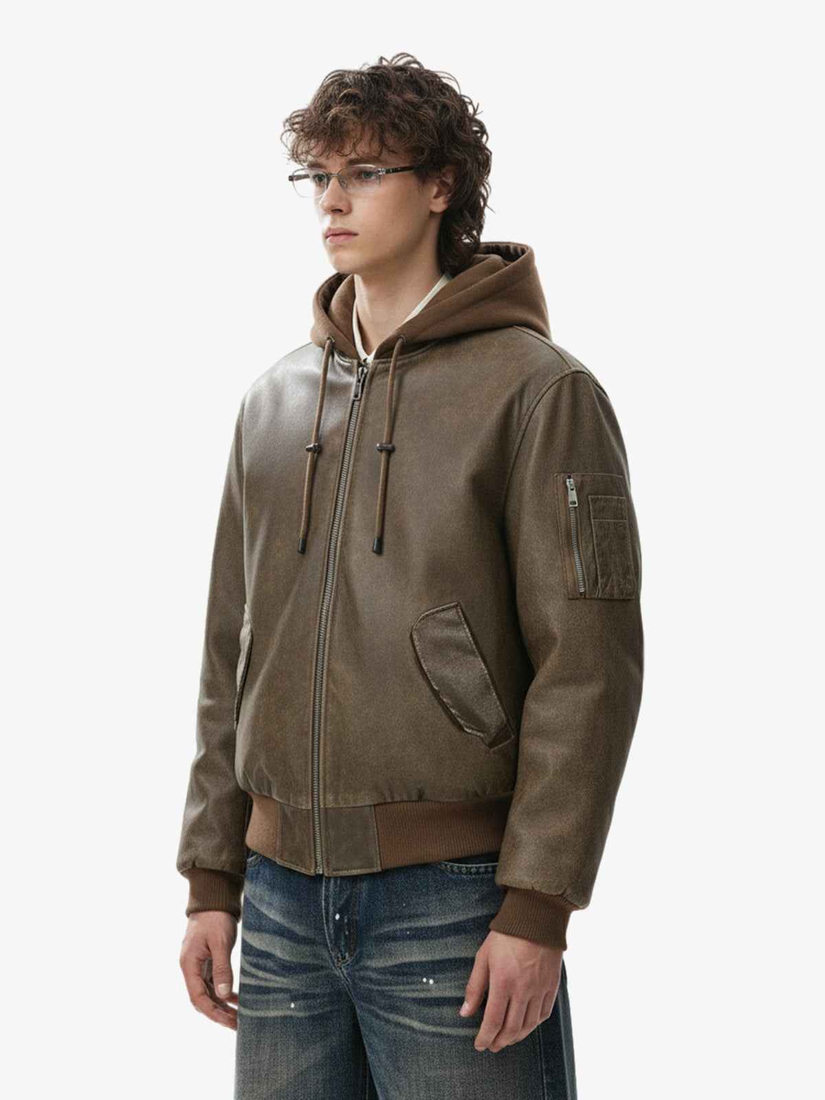 Retro Leather Faux Two-Piece Hooded Padded Bomber Jacket