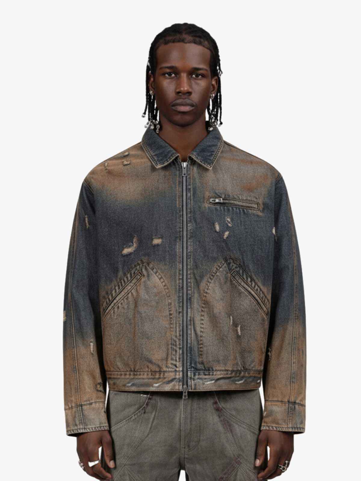 Vintage Washed Distressed Denim Zip Up Jacket