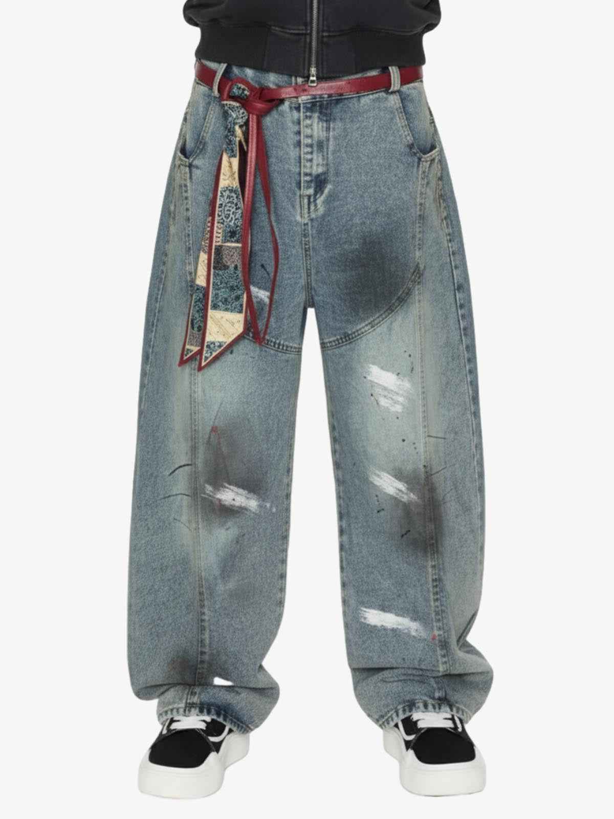 Vintage Paint-Splatter Scarf Tie Barrel Jeans