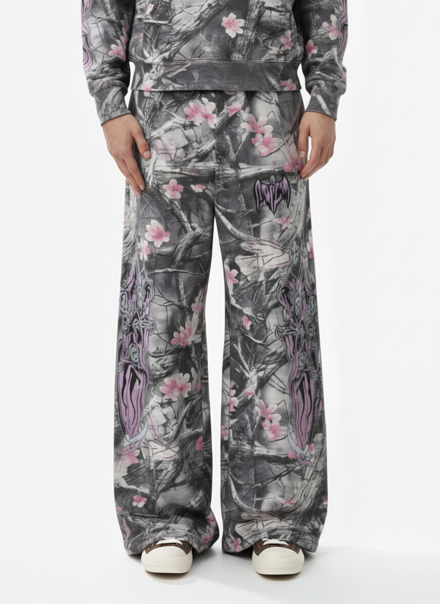 Gothic Devil Graphic Fleece-Lined Wide-Leg Sweatpants - Luxuryurbanwear