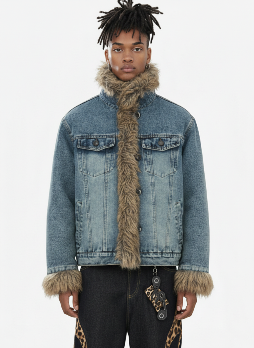 Vintage Faux Fur Trim Washed Padded Denim Jacket - Luxuryurbanwear