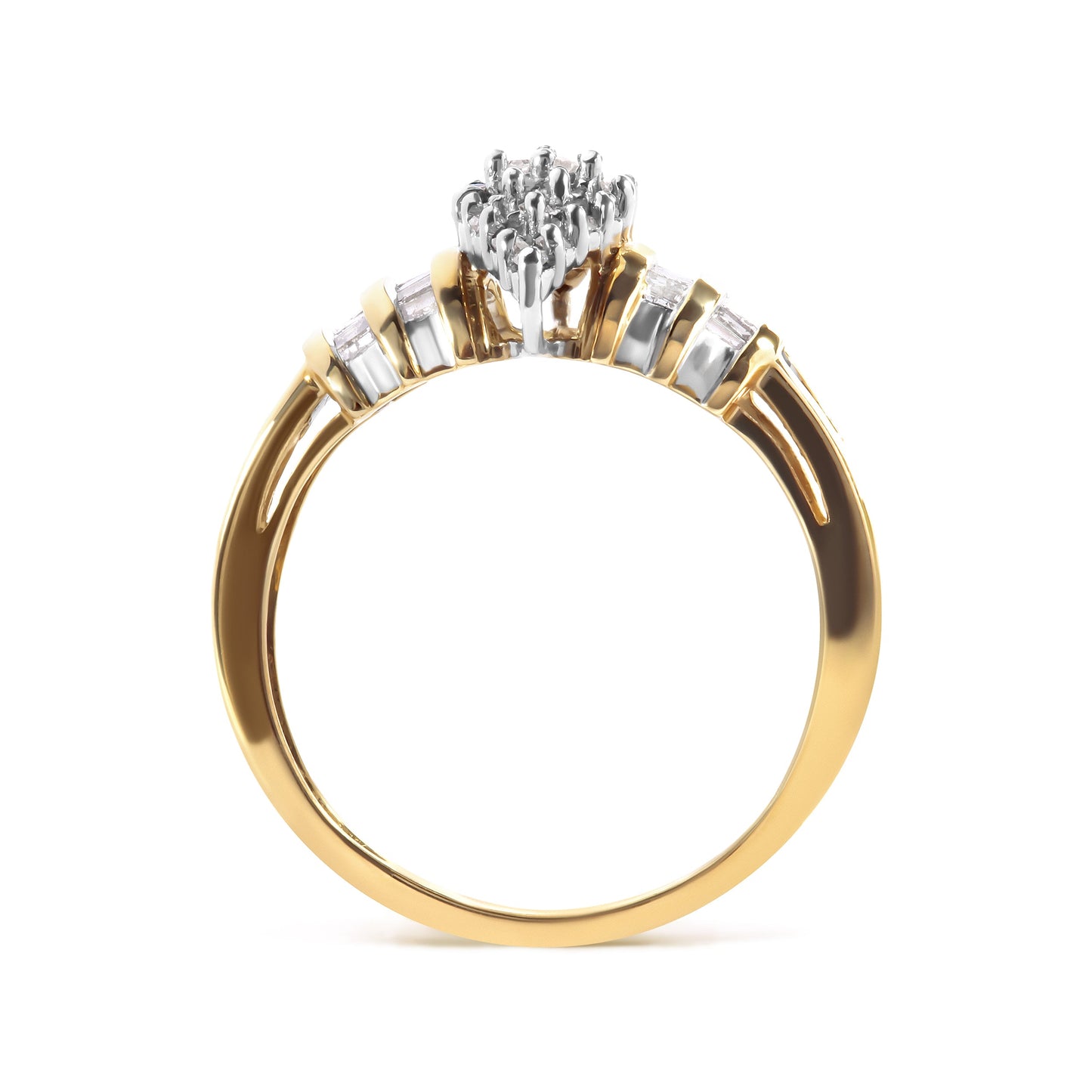 10K Yellow Gold 1/2 Cttw Diamond Pear Shaped Head and Multi Row Channel Set Shank Ring (H-I Color, SI2-I1 Clarity) - Ring Size 7