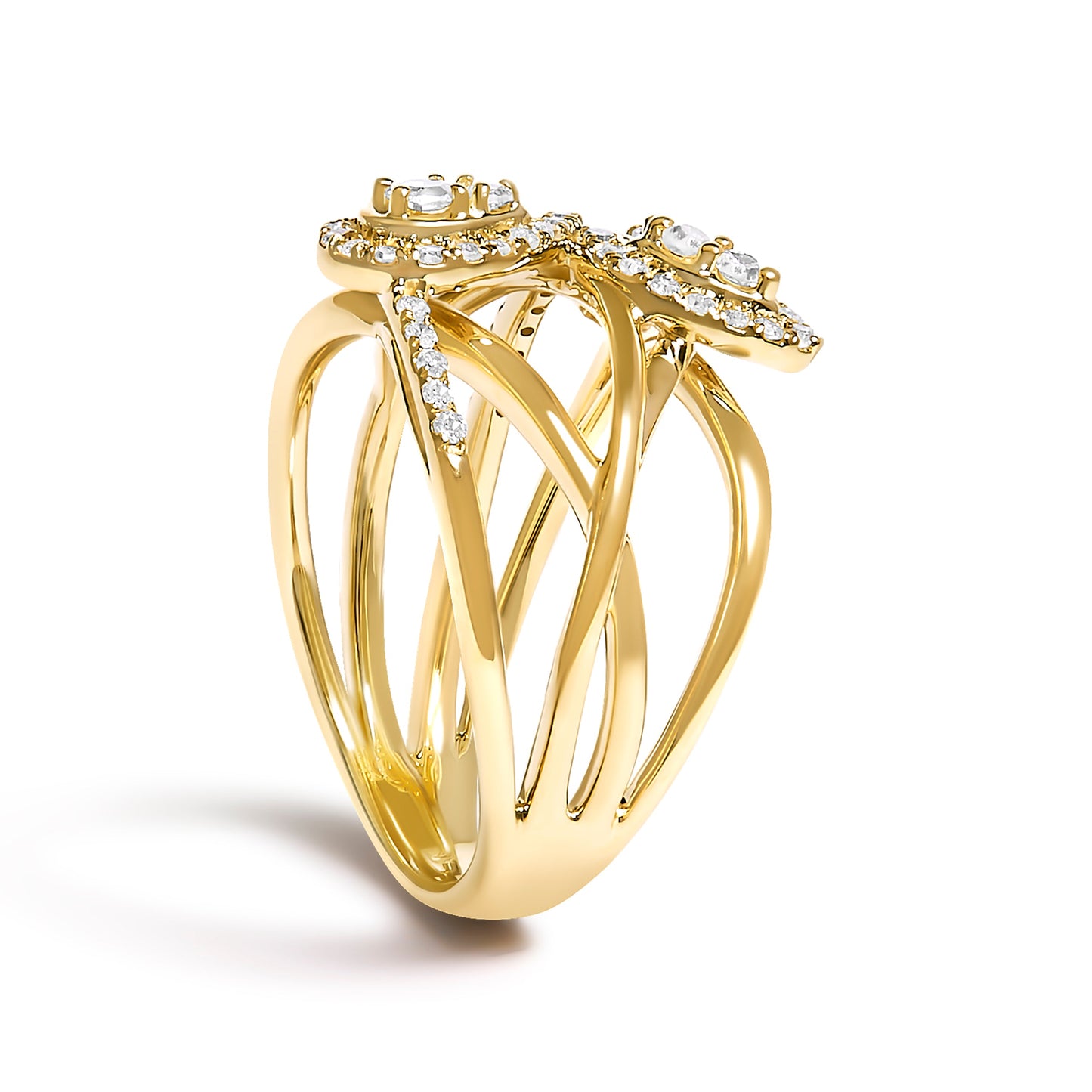 10K Yellow Gold 1/2 Cttw Diamond Crossover 3 Leaf Floral Cocktail Ring Band (H-I Color, SI1-SI2 Clarity) - Size 7