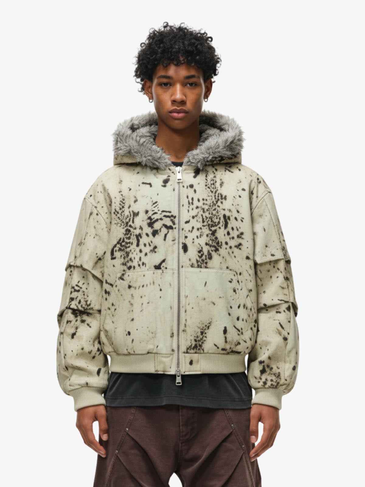 Splatter Print Faux Fur Collar Ruched Sleeve Zip-Up Jacket
