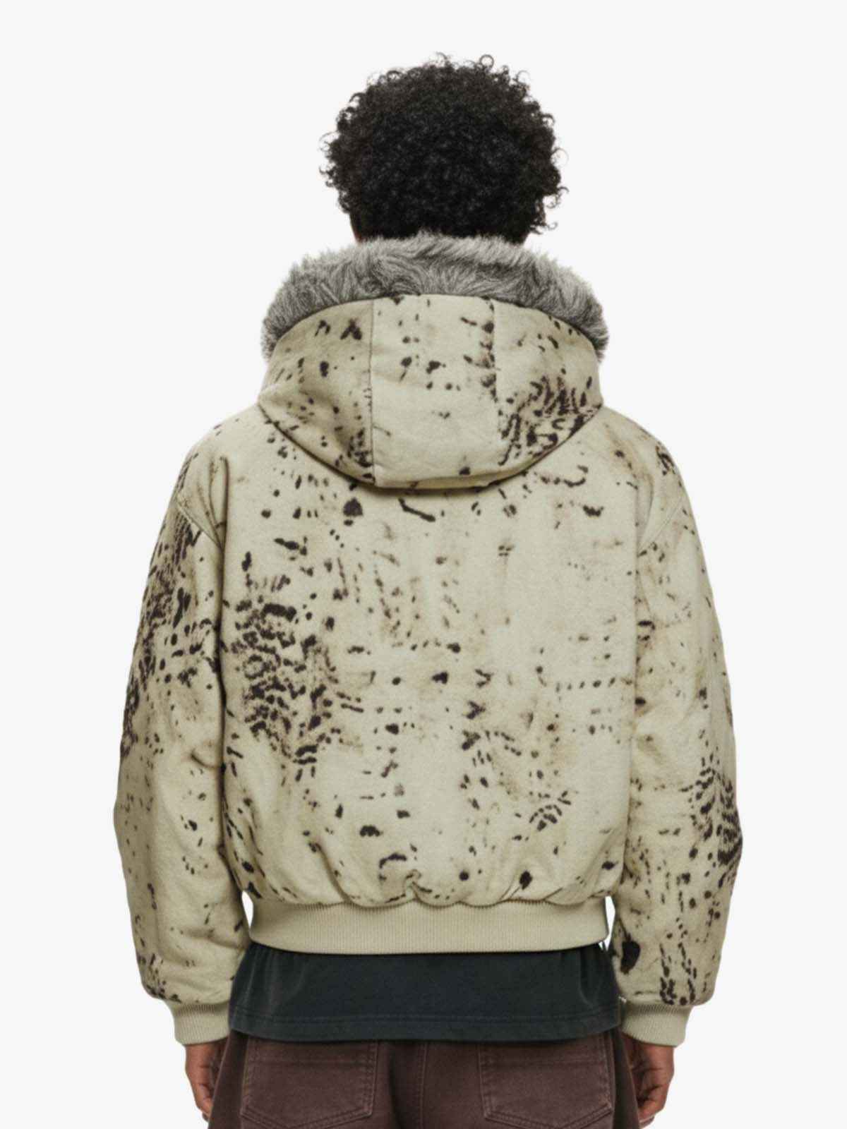 Splatter Print Faux Fur Collar Ruched Sleeve Zip-Up Jacket