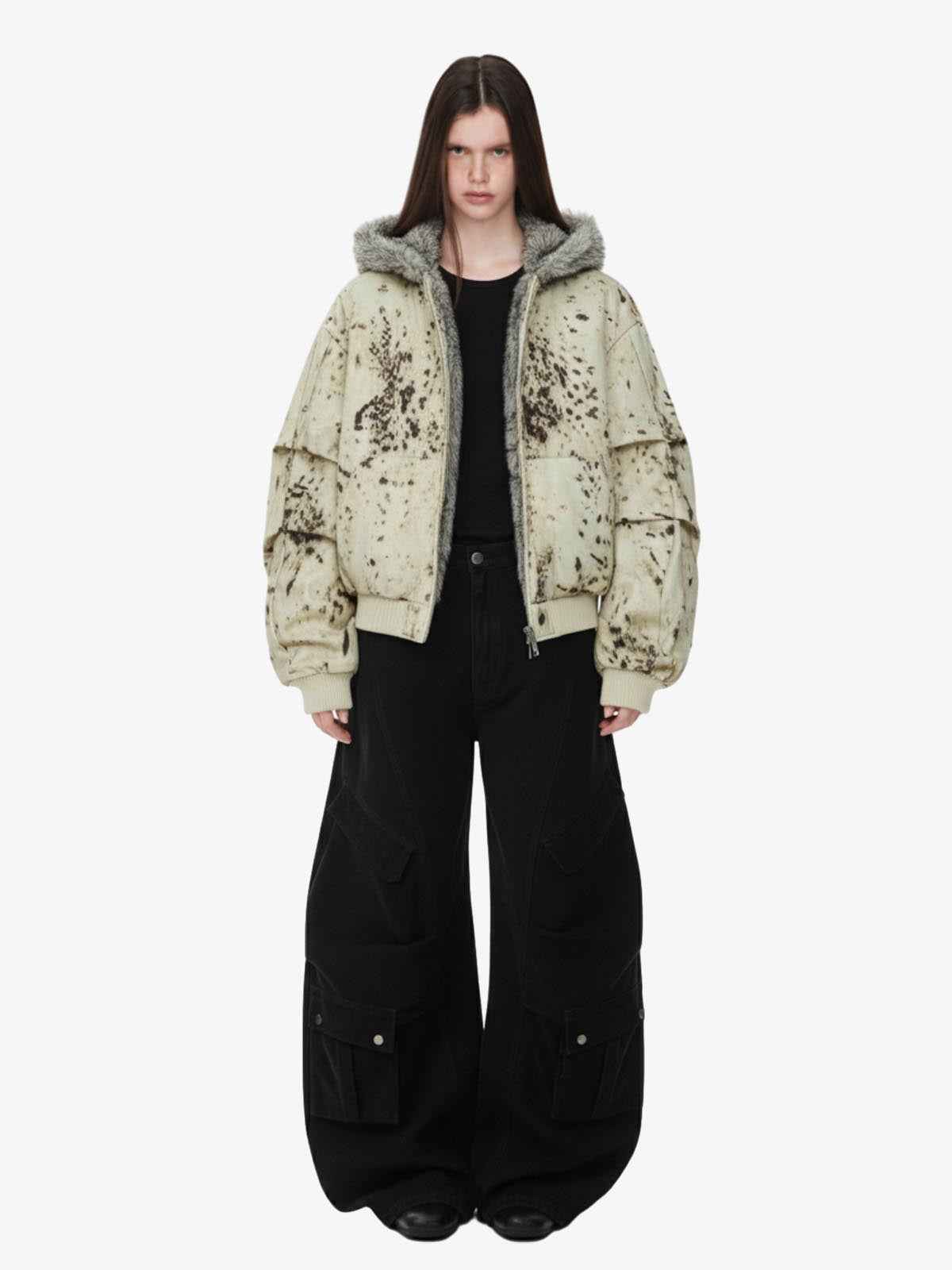 Splatter Print Faux Fur Collar Ruched Sleeve Zip-Up Jacket