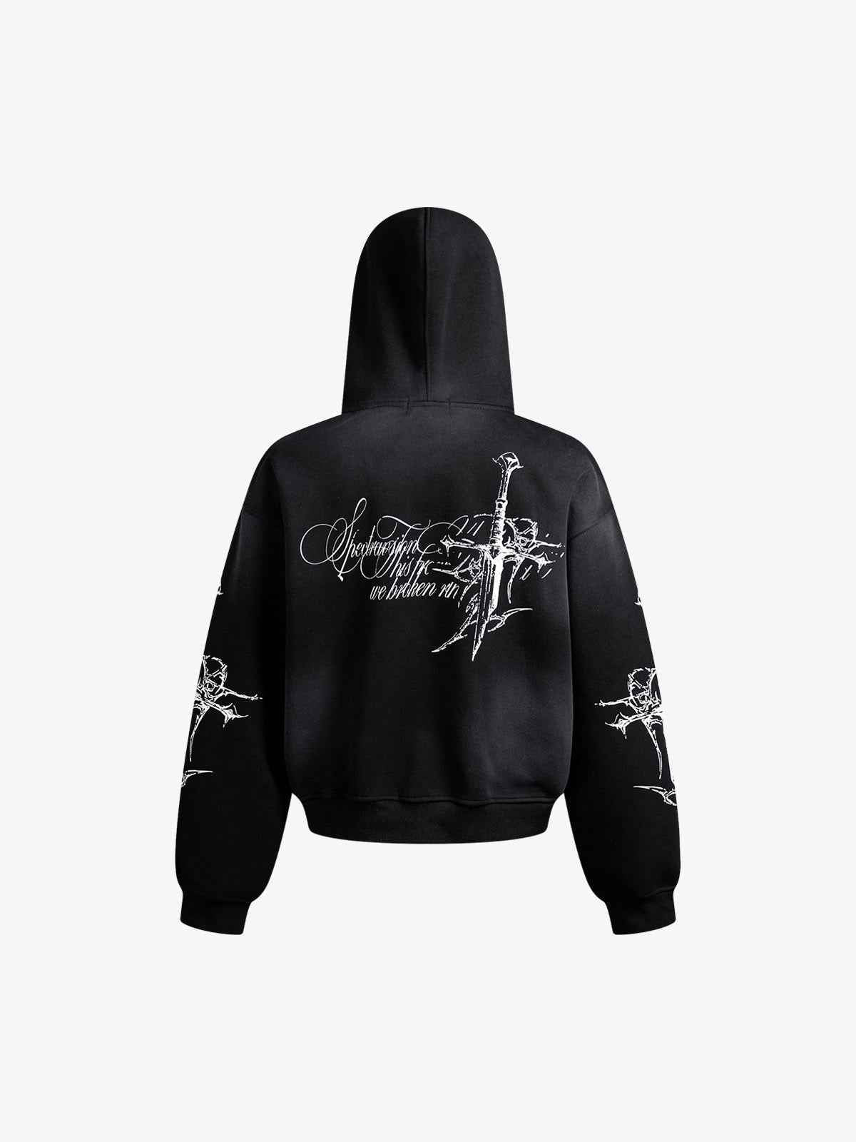 Street Wasteland Washed Cross Print Zip Up Hoodie - 2561