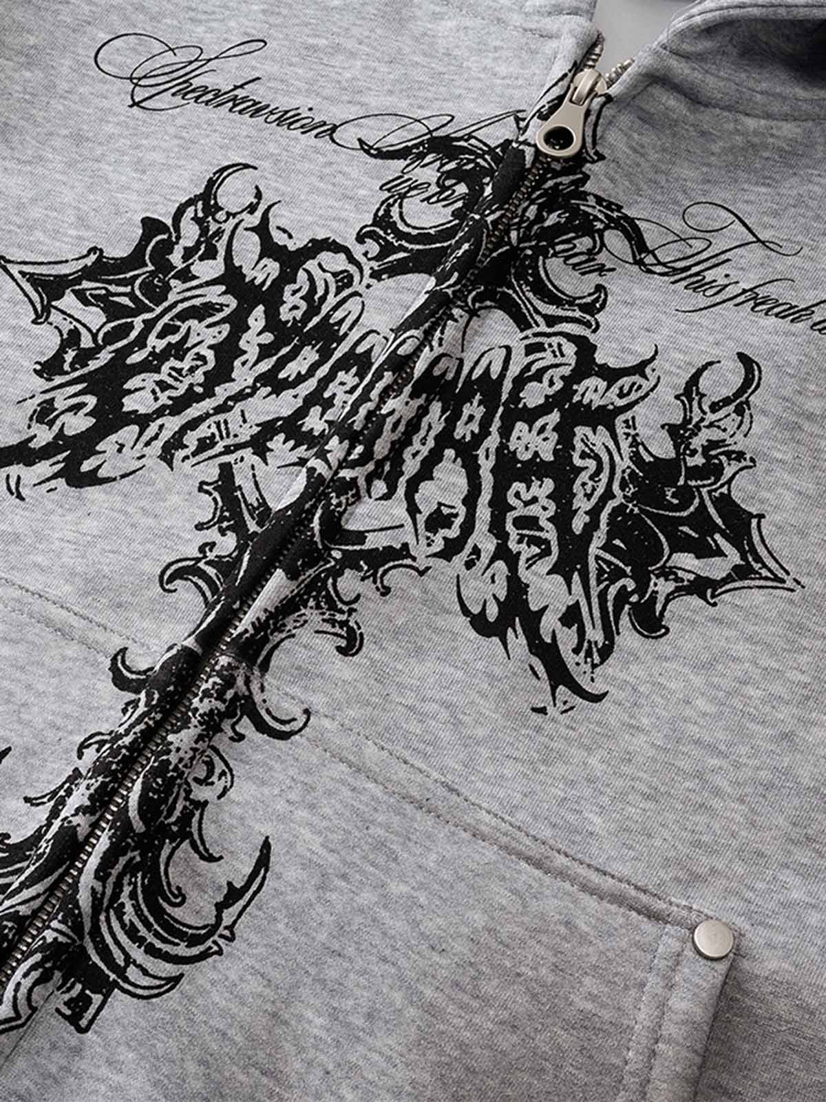 Street Wasteland Washed Cross Print Zip Up Hoodie - 2561 - Luxuryurbanwear