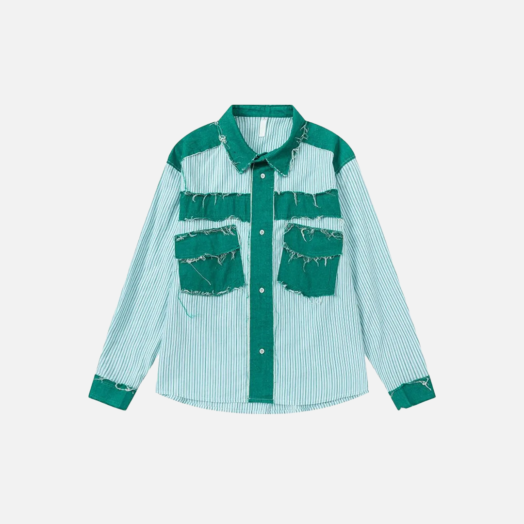 Retro Striped Patchwork Long Sleeve Ripped Shirt - Luxuryurbanwear