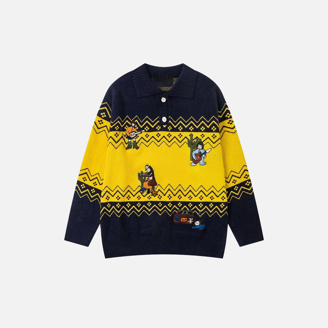 Retro Cartoon Lapel Drop Embroidery Contrast Sweater - Luxuryurbanwear