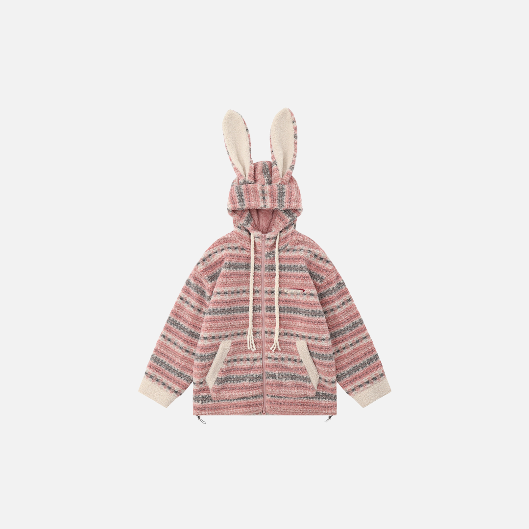 Soft Striped Winter Cartoon Rabbit Hooded Sweatshirt - Luxuryurbanwear