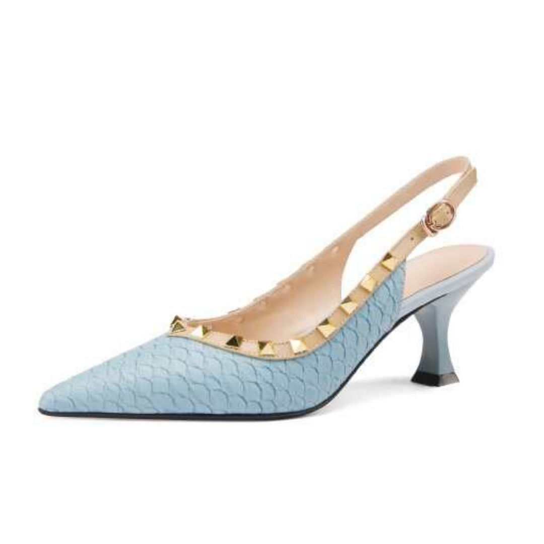 Aimee Women's Pointed Toe Genuine Leather Sandal With Metal Buckle Rivets - Luxuryurbanwear
