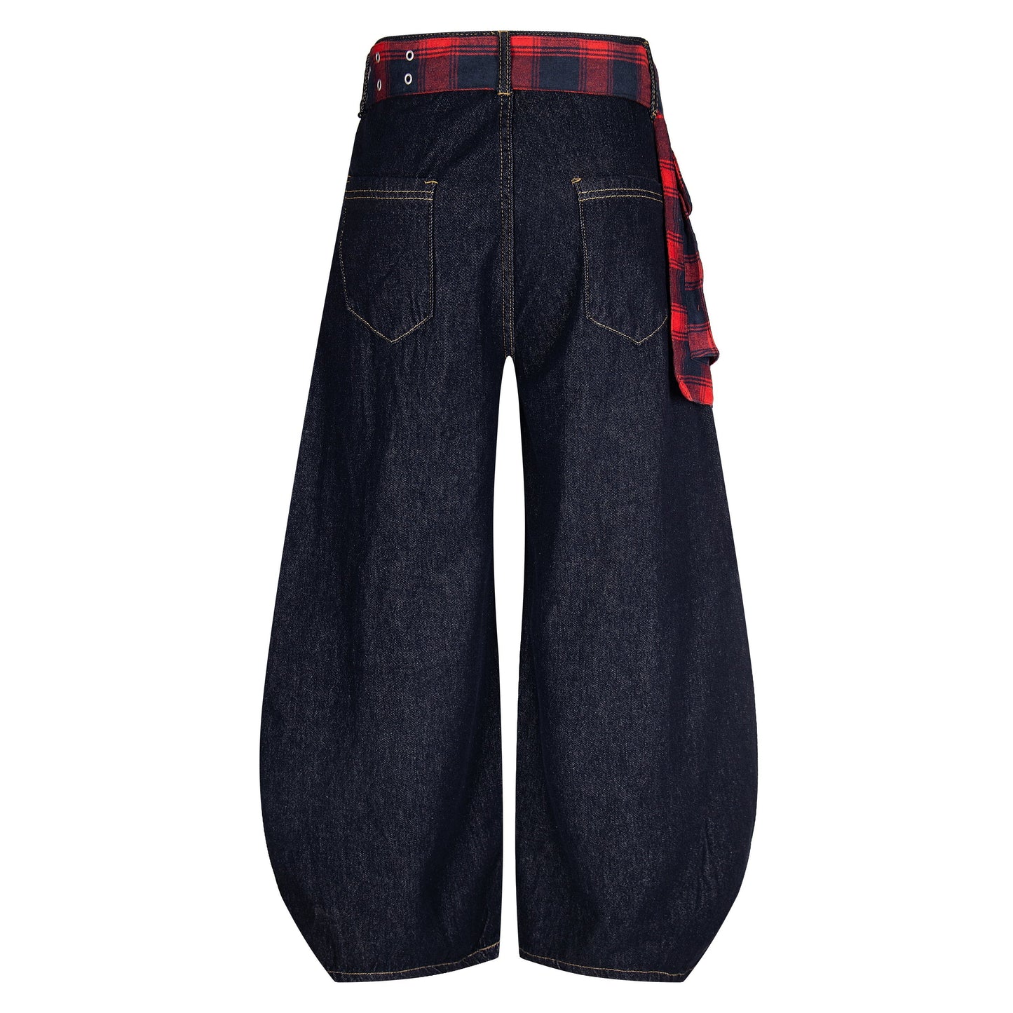 Plaid Reign | Wide-Leg Denim Trousers with Flannel Accent - Luxuryurbanwear