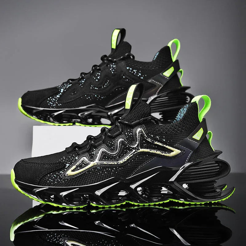Side-by-side Nova Sole T84 Sneakers in black and neon green with reflective accents - LUXURYURBANWEAR athletic sneakers.