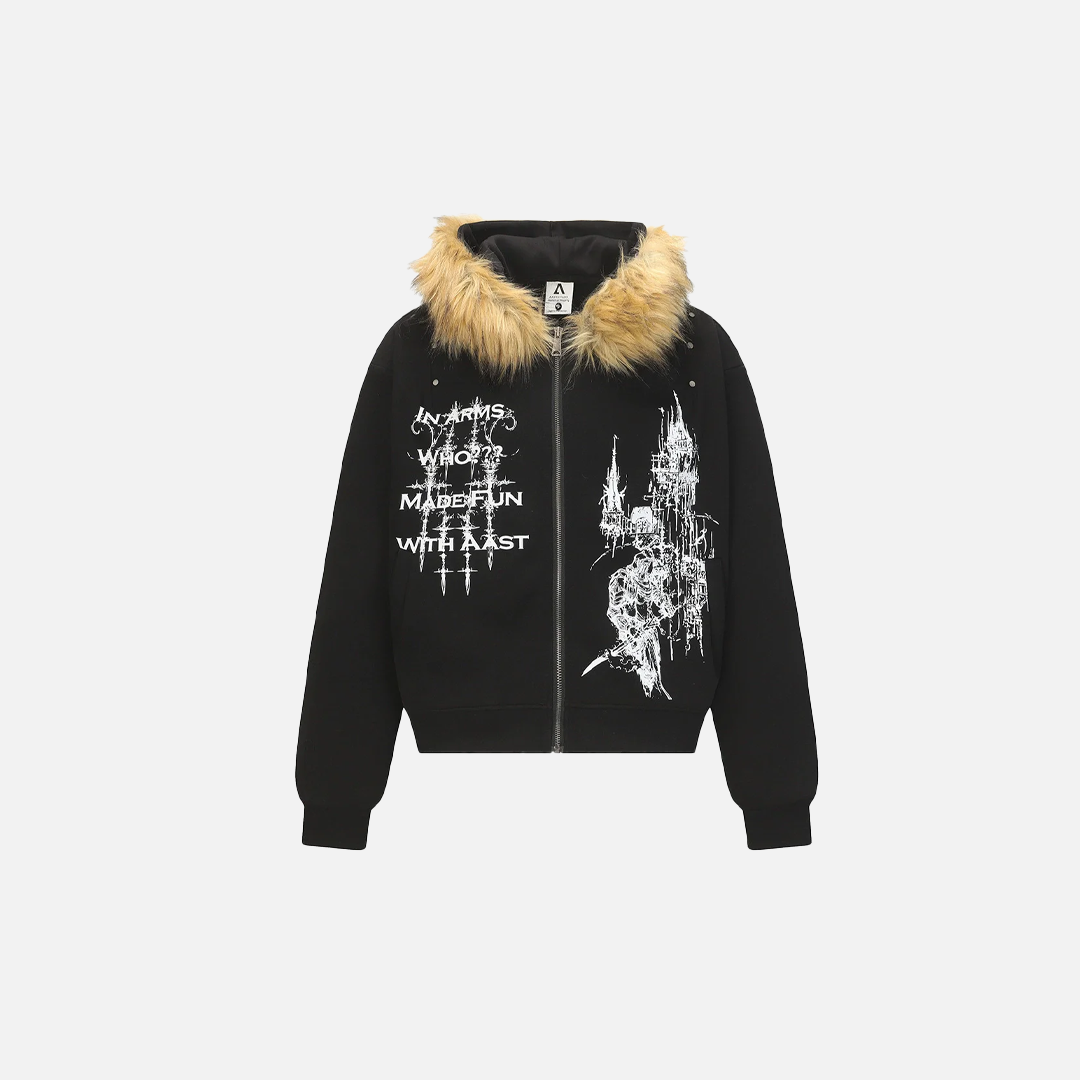 Y2K Retro Graffiti Zip-Up Fur-Collar Hooded Sweatshirt - Luxuryurbanwear