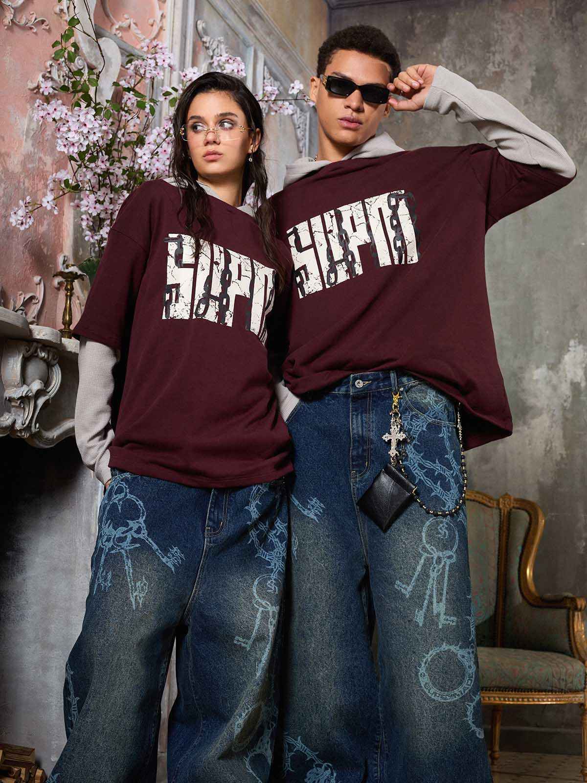Original Print Faux Two-Piece Hooded Long-Sleeve T-Shirt