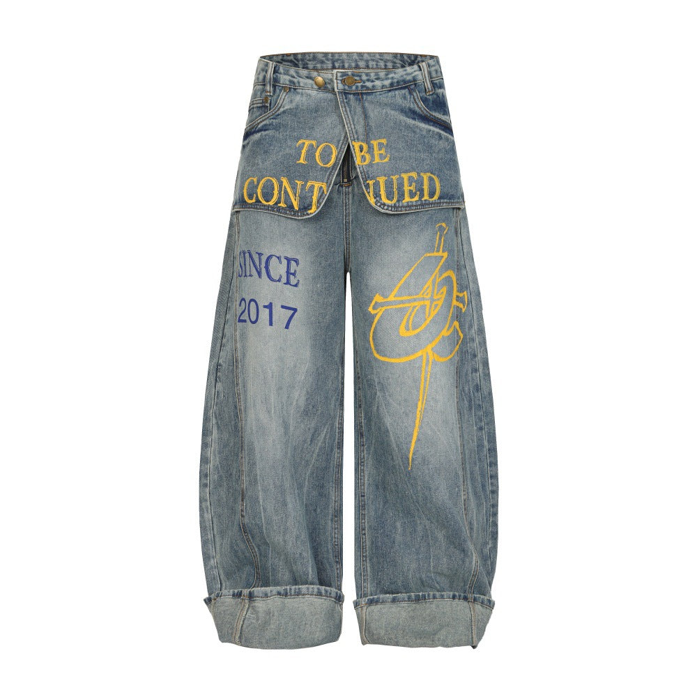 LUW Letter Printed Curved Knife Jeans S002 - Luxuryurbanwear