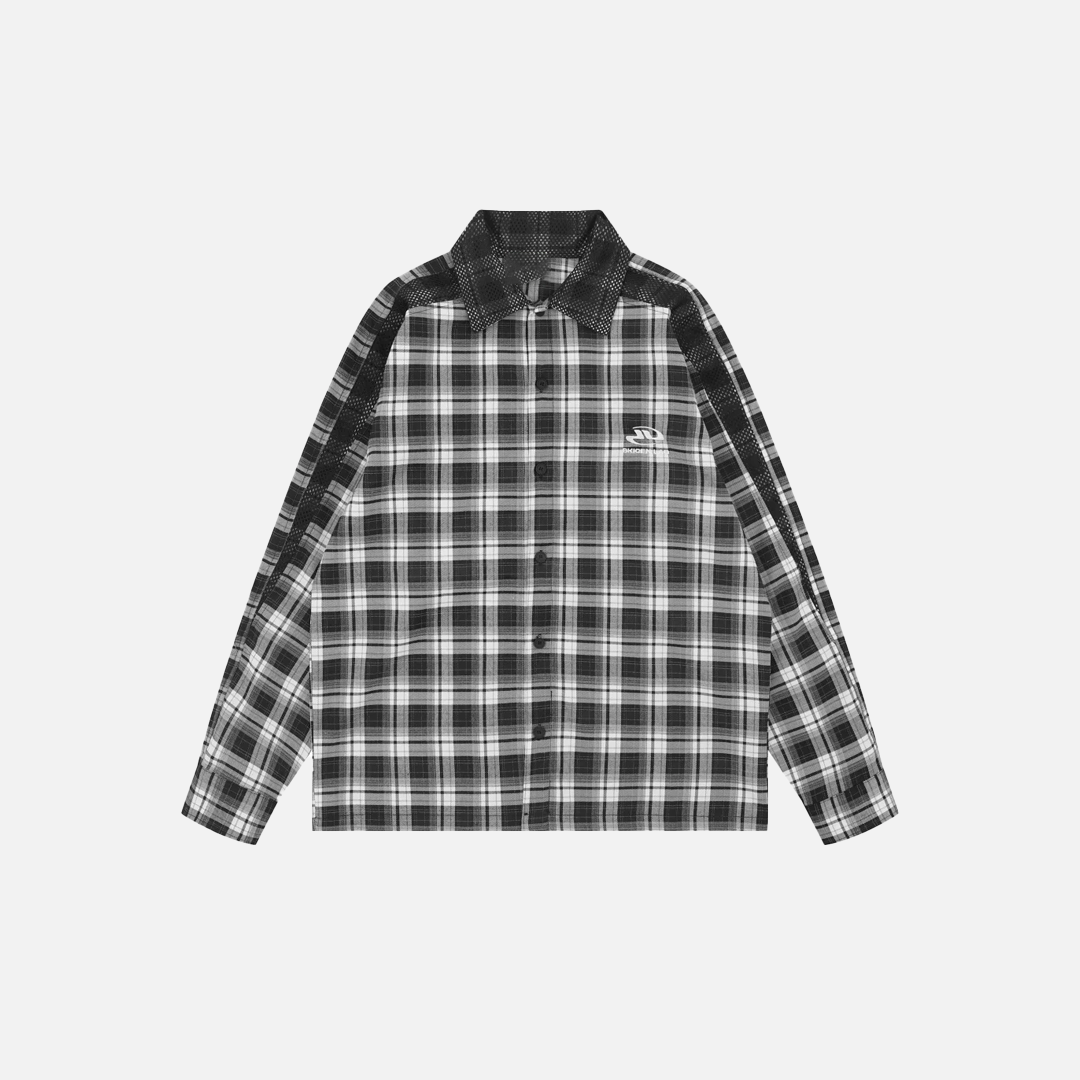 Versatile Plaid Mesh Spliced Embroidered Lapel Shirt - Luxuryurbanwear