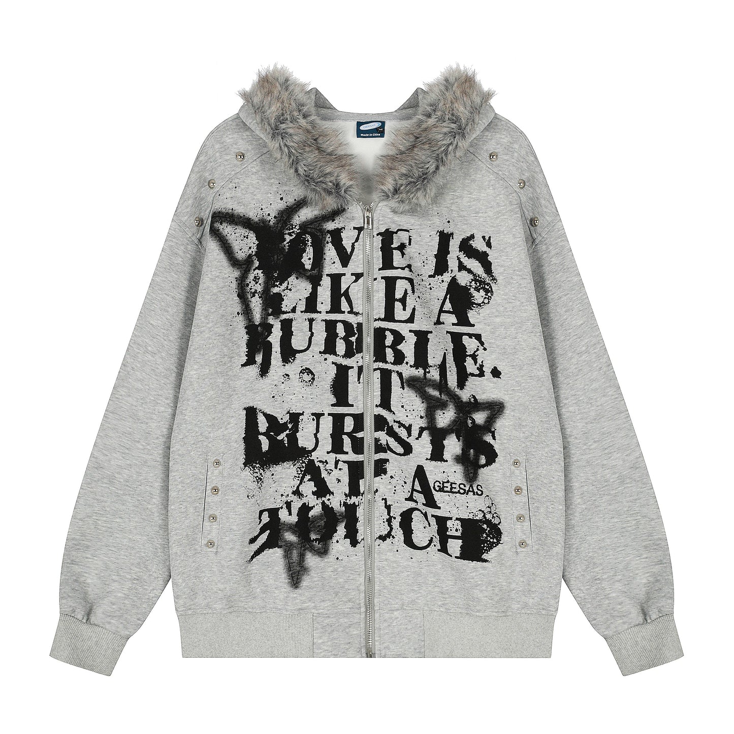 Graffiti Print Faux Fur | Zip Up Hoodie - Luxuryurbanwear