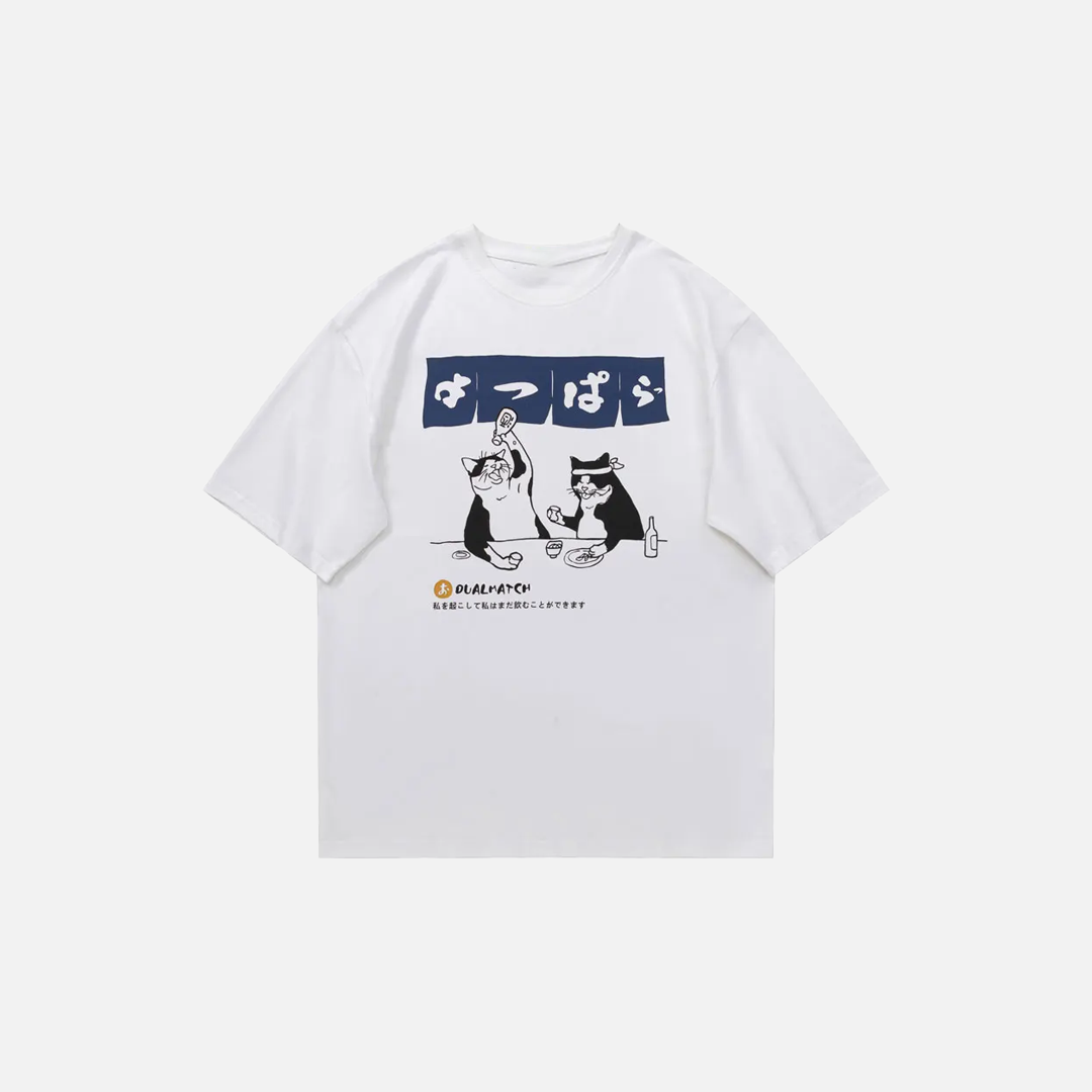 Japanese Style Cat Graphic Print Oversized T-Shirt - Luxuryurbanwear