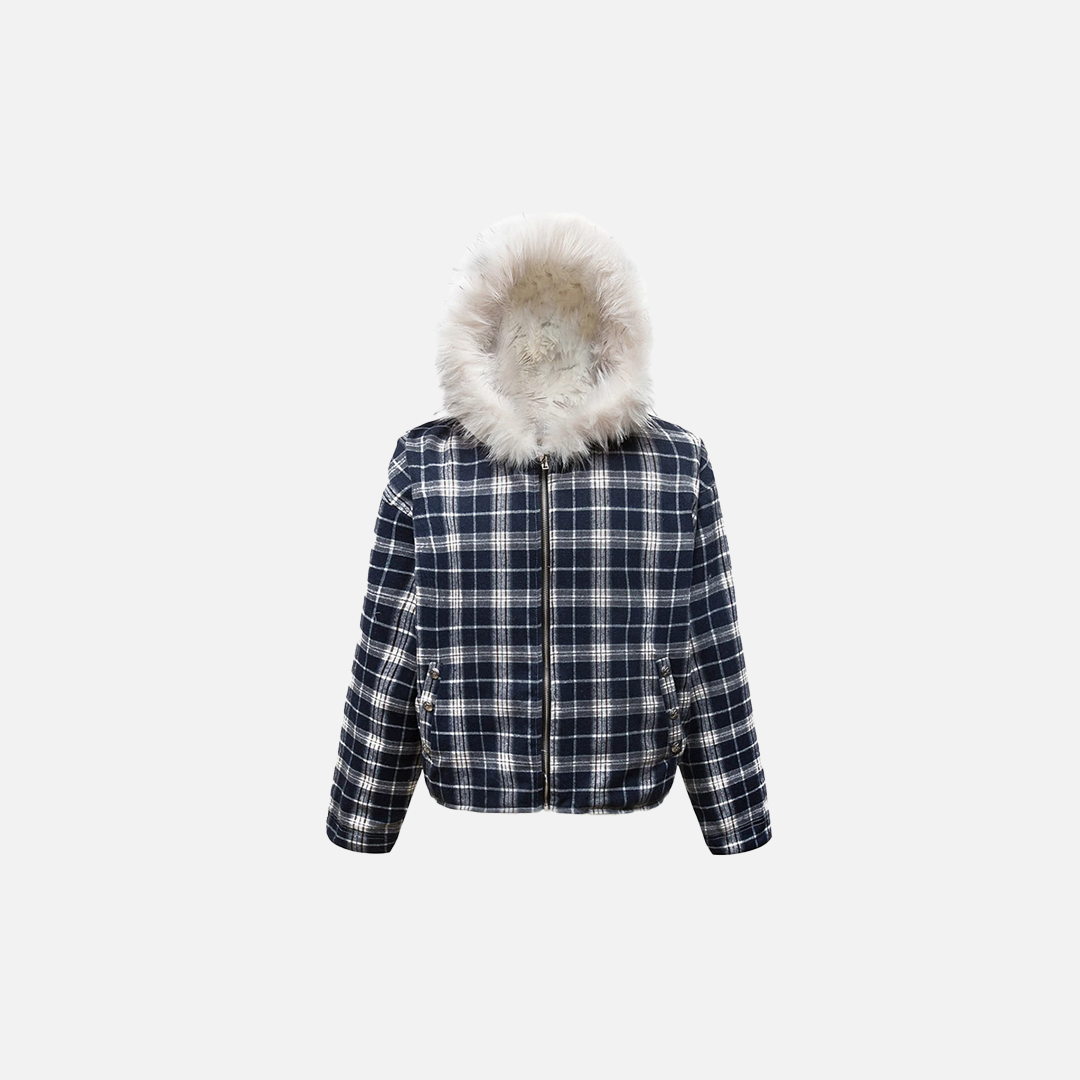 Winter Flexible Plaid Fox Fur Collar Retro Jacket - Luxuryurbanwear