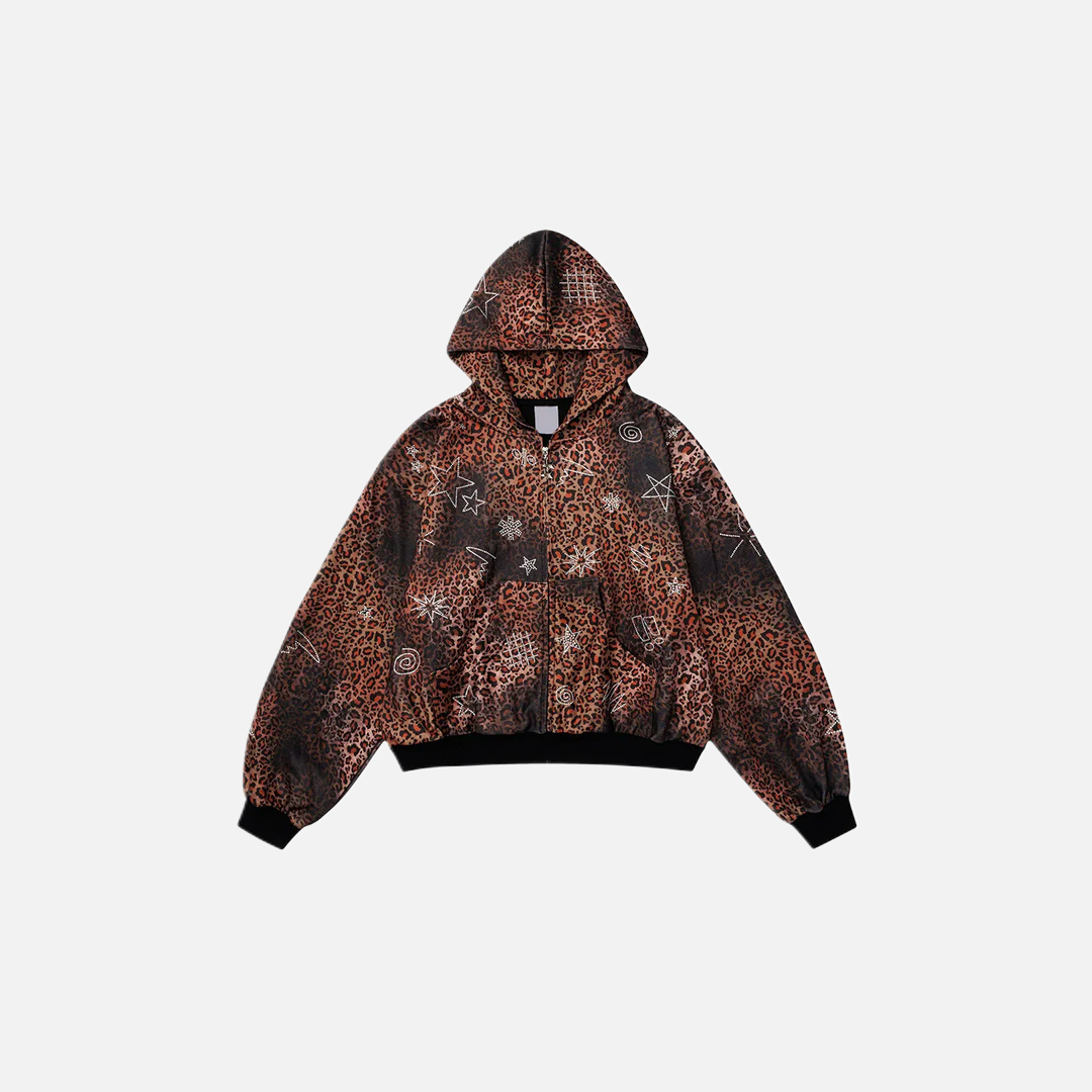 Insulated Leopard Rhinestone Zip-Up Hooded Sweatshirt - Luxuryurbanwear